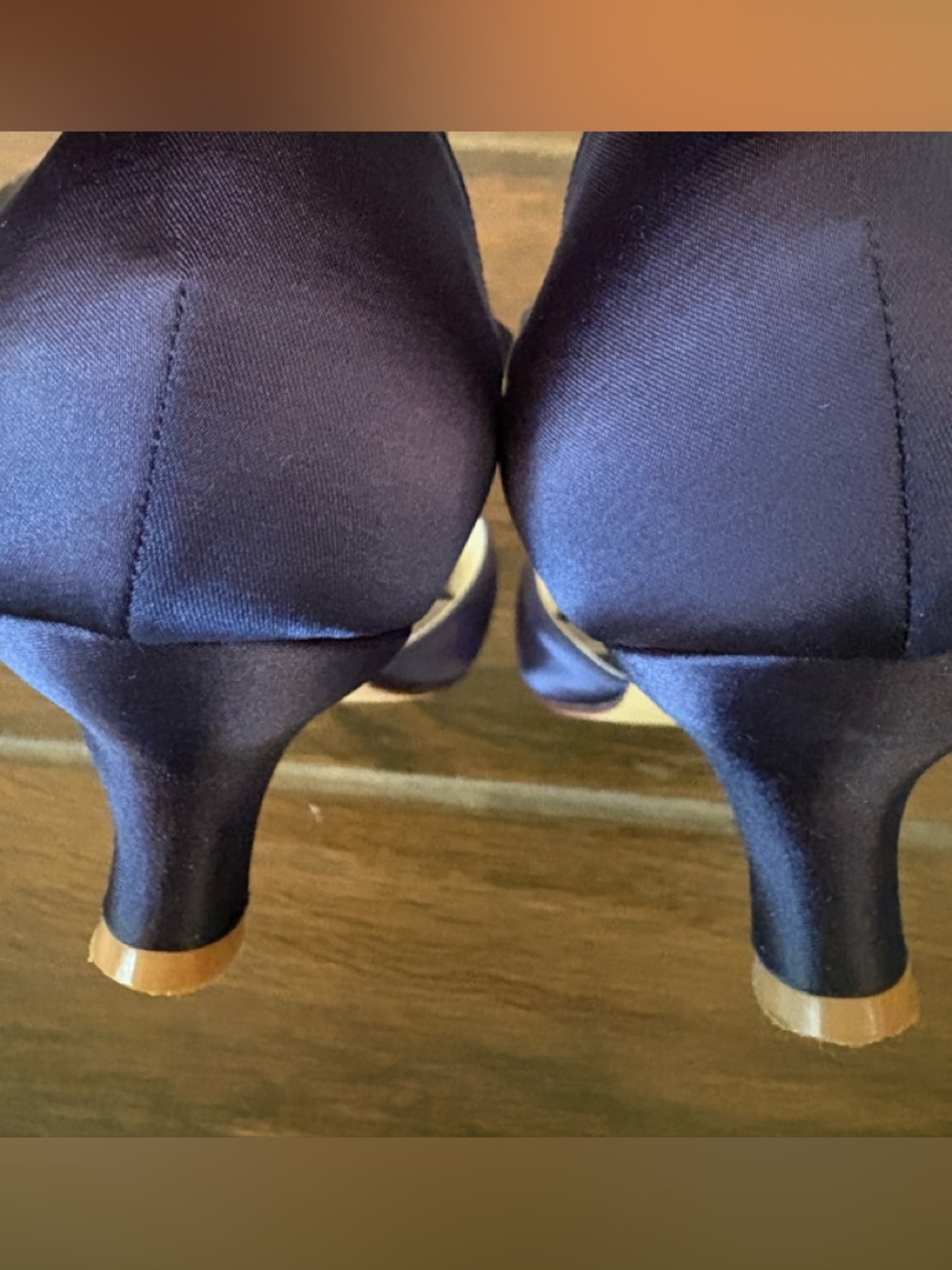 Elegant Navy Satin T-Strap Heels with Crystal Embellishment - Picture 2 of 7